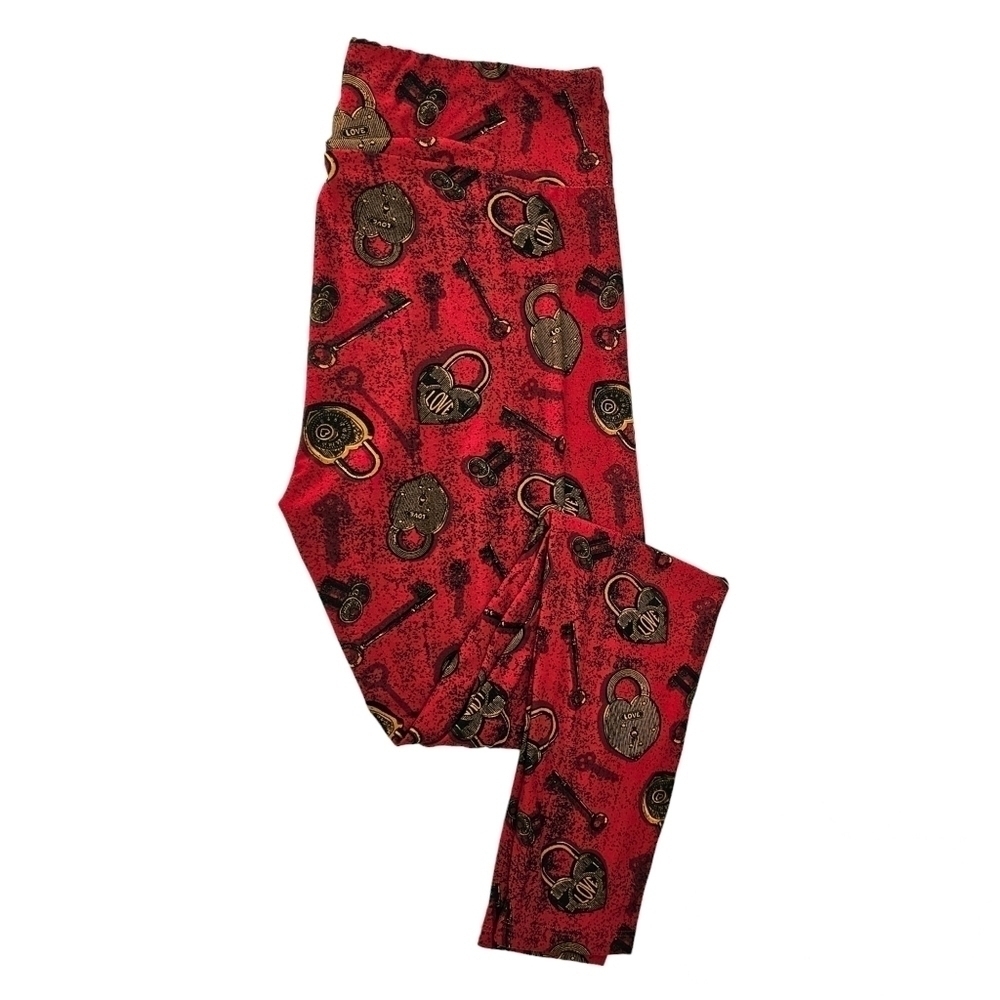 LulaRoe Leggings Red Background with Gold and Black Locks and Keys Print